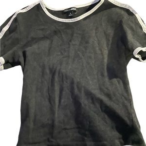 gray shirt with white stripes